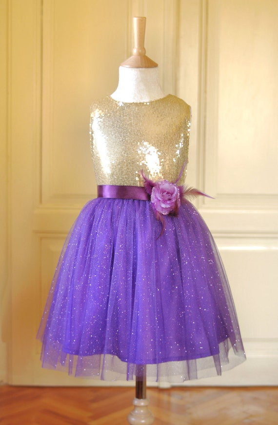 SALE Gold & Purple Flower girl Dress Wedding Bridesmaid  Christmas Sparkle Tulle Sequin Pageant Party Bridal