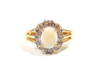 Vintage Two Tone Genuine Opal Ring Surrounded with Round Clear Austrian ...