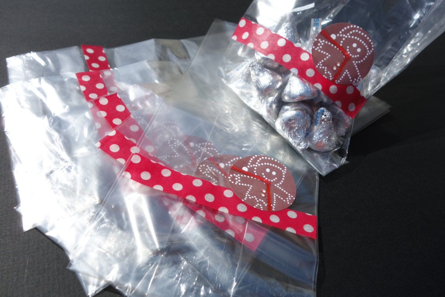 12- FAVOR BAGS "Gingerbread Man" Red & White Candy Cane Polka Dots Clear Food Grade Bags, Laminated Sticker, Washi Tape - Christmas, Holiday