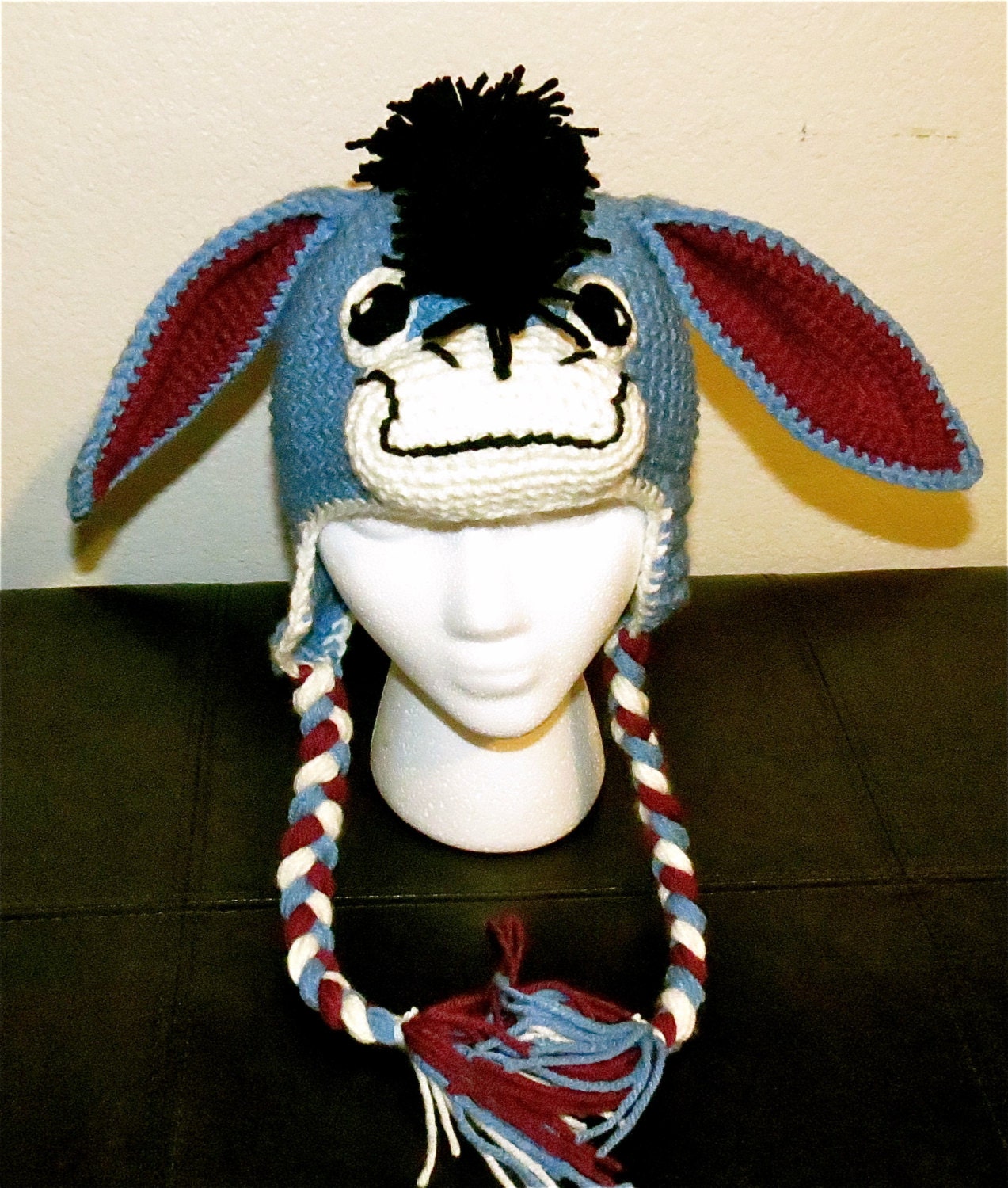 Handmade crochet donkey/eeyore hat for a child 13 years old