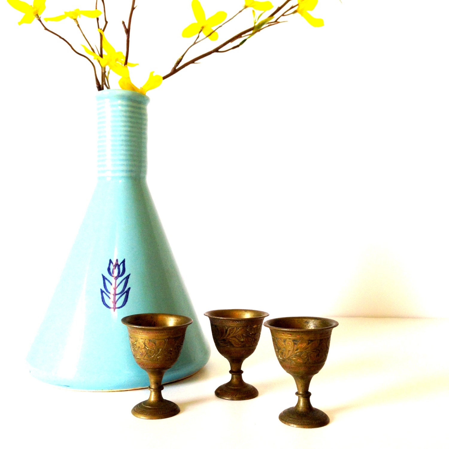 Set of 3 Vintage Brass Egg Cups with Decorative Etching