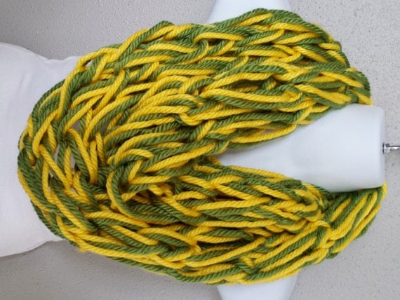 Green and Yellow Arm Knitted Infinity Scarf Green Bay Themed Scarf Womens Kni...
