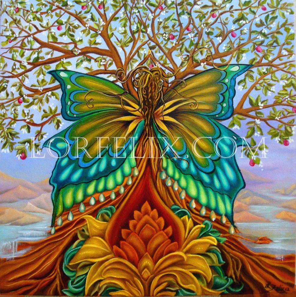 Tree of Life Butterfly Goddess Lotus flowerRainbow colors