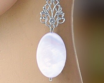 Long, elegant, hanging earrings, natural nacre, bride's jewelry, Vintage wedding, white jewelery, handmade bijouterie, lady gift, luxury