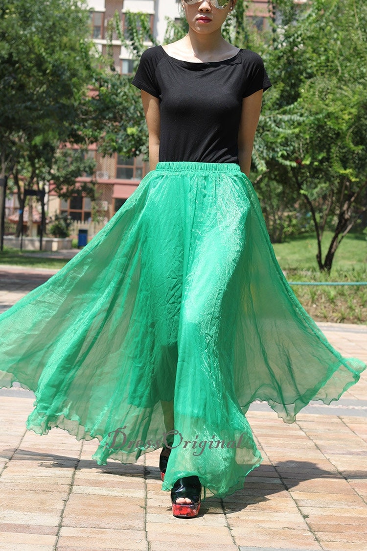 emerald green pleated maxi skirt