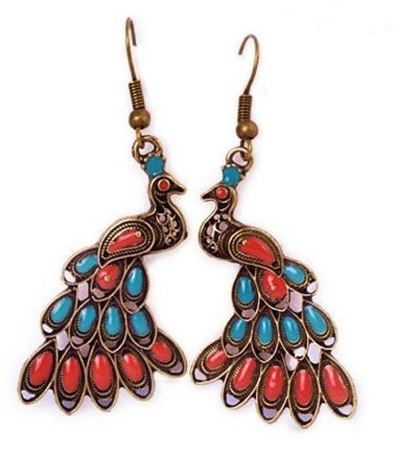 Vintage Peacock Dangle Earrings 6545