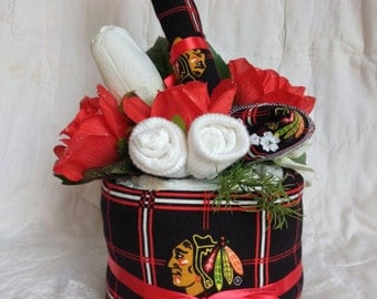 Baby Shower Chicago Hockey Huggies Diapers Blackhawks Diaper Cake Made with baby socks, burp cloth and receiving blanket