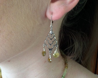 Green Garnets Natural and Genuine Faceted Briolettes wire wrapped with 925 Sterling Silver Statement Chandelier Earrings-January Birthstone