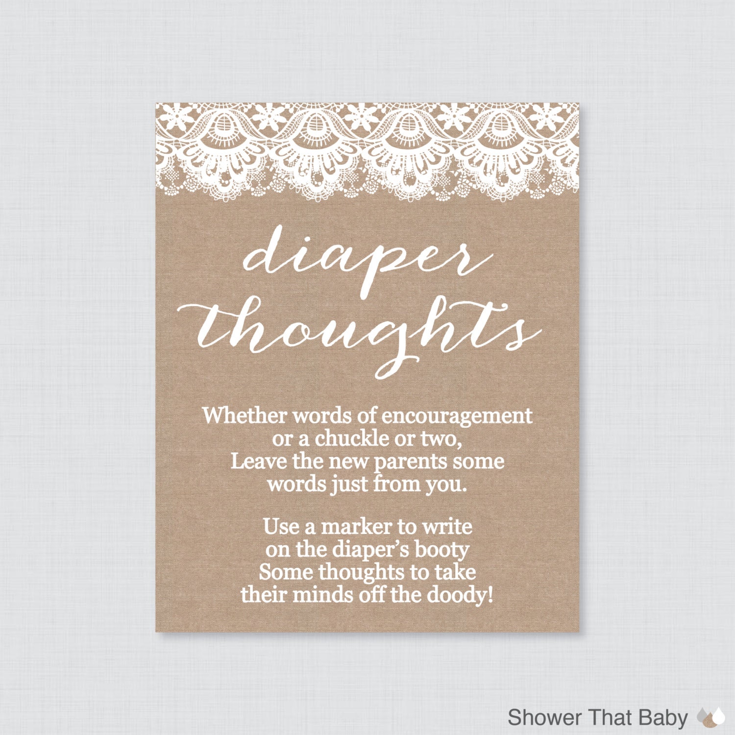 Burlap and Lace Baby Shower Diaper Thoughts Game Printable