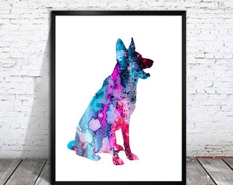 Blue German Shepherd dog Watercolor Print Archival, Children's Wall Art, German Shepherd watercolor, watercolor painting, dog art,