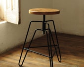 Adjustable Industrial Bar Stool Counter Stool handmade from Reclaimed Round Wood and Black Steel