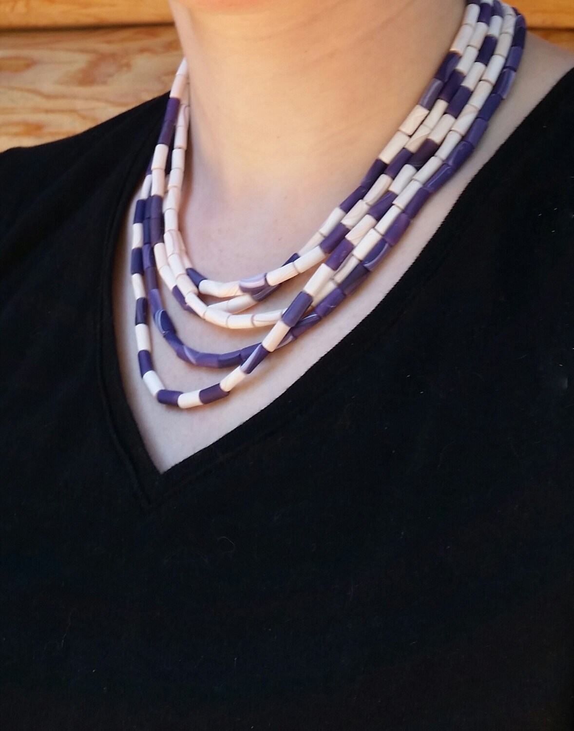 Purple and White Clay Wampum Quahog Tube Bead MultiStrand