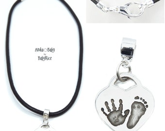 Keepsake Solid Sterling Silver Heart Charm on Black Leather Necklace Oxidised Personalised with YOUR Baby's Childrens Handprints Footprint