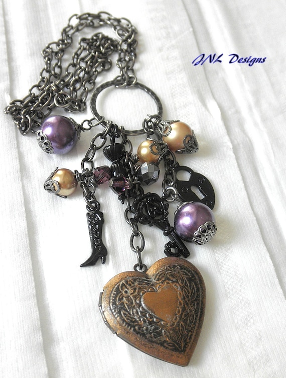 Charm Locket Handmade Necklace with Purple and Gold Pearls.Black Umbrella,Key, and High Heel Boot Charm Necklace for Her