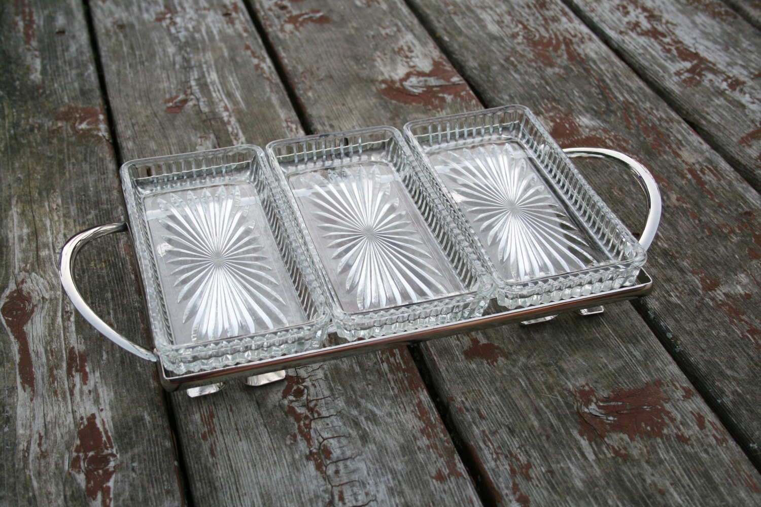 Vintage Glass & Silver Serving Tray with Set of Three Glass Dishes