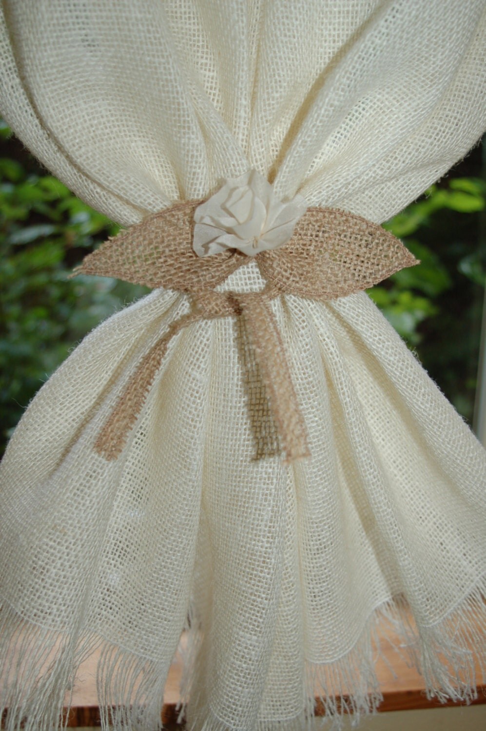 Natural Ivory or white burlap curtain tie back with voile