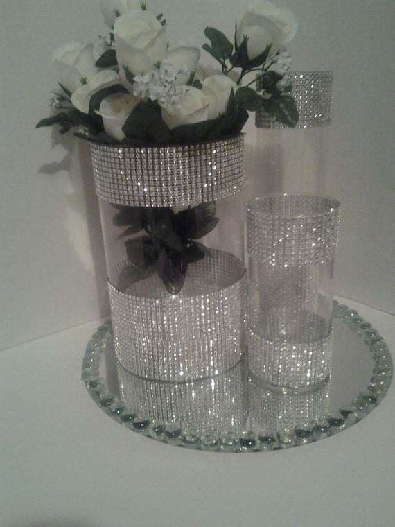 Wedding centerpiece tall glass candle holder rhinestones