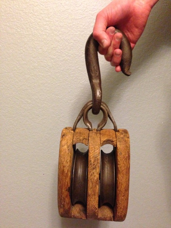 Antique Vintage Large Wooden Block Pulley with Cast Iron Hook and