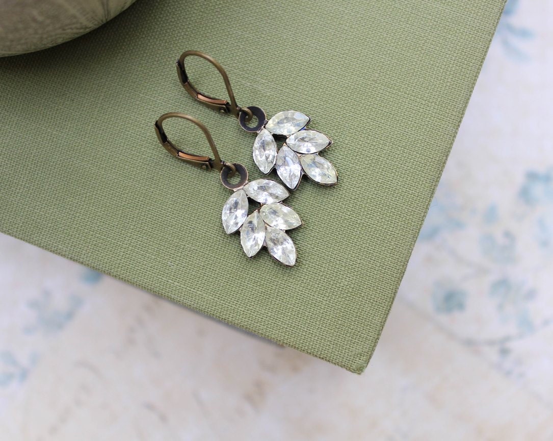 Rhinestone Leaf Earrings Jewel Drop Leverback Earrings Womens