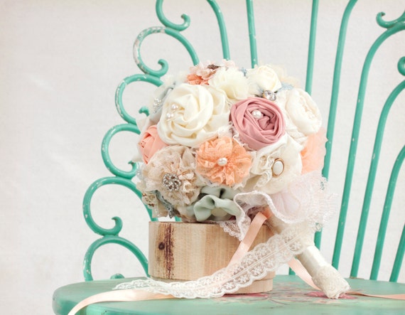 Custom fabric flowers bouquet ,bridal bouquet ,bridesmaid bouquet, peach mint bouquet wedding bouquet