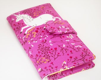 Womens Wallet, Vegan Wallet , Clutch Style, Wildflowers and Unicorns
