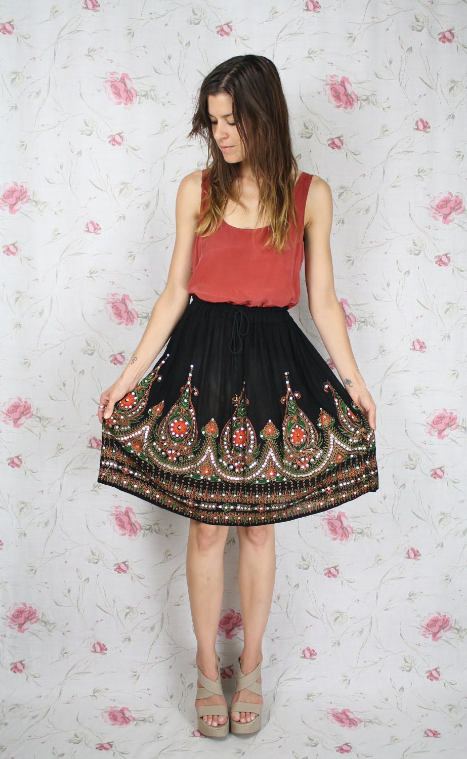 Vintage ETHNIC GYPSY skirt w Paisley SequinsIndian skirt