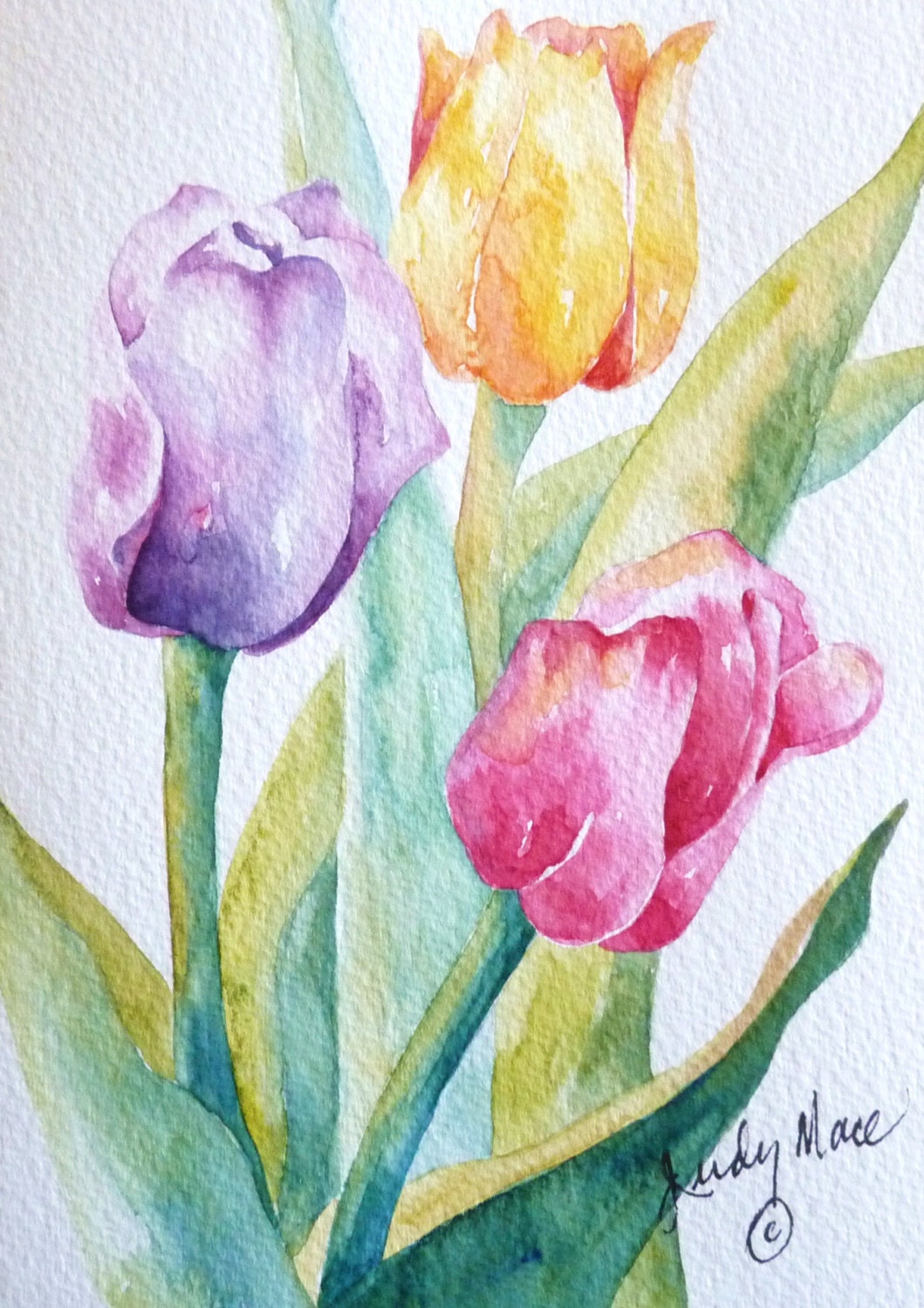 Hand painted tulips watercolor greeting by DakotaPrairieStudio