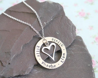 Mothers Necklace, Silver Heart, Gift Idea for Wife, Sterling Silver Family Pendant, Personalised Childrens Names, Our Family, Heart Necklace