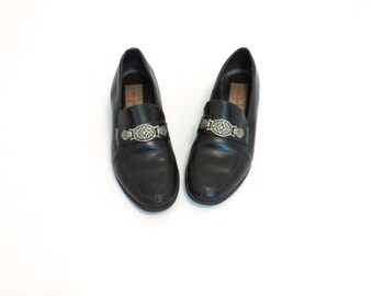 Black Leather Loafer Southwestern Mod Boho Shoe Low Heel Gloria ...