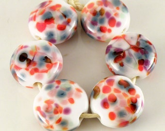 Carousel Lentils - Handmade Lampwork Beads - 18mm - Orange, Blue, Purple, White - SRA (Set of 6 Beads)
