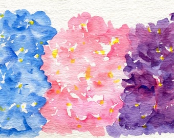 Hydrangeas watercolor painting original, pink hydrangeas, blue hydrangeas and purple hydrangeas, floral artwork, 4 x 6 SharonFosterArt