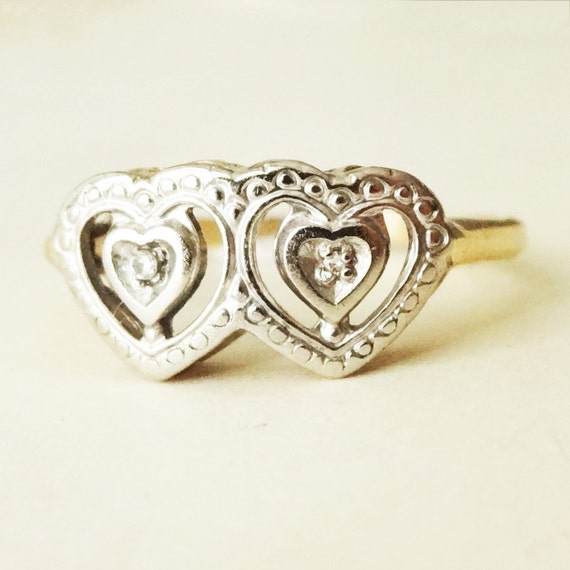 Vintage Double Heart 10k Gold Diamond Engagement Ring