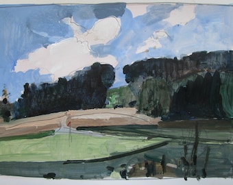 Course in August, Original Landscape Painting on Paper, Stooshinoff