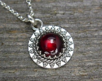 Garnet Necklace - Small Garnet Pendant in Sterling Silver on Sterling Silver Chain