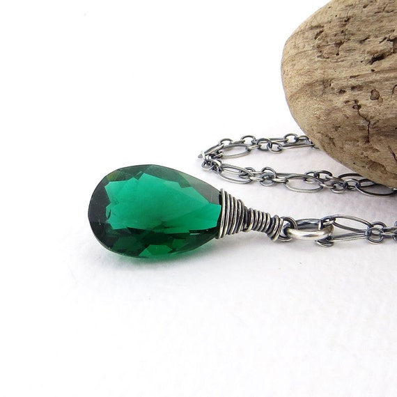 Green Necklace Simple Silver Necklace Green Emerald Necklace