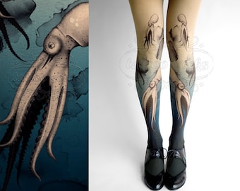 Closed Toe nude color one size Octopuses full length printed tights pantyhose