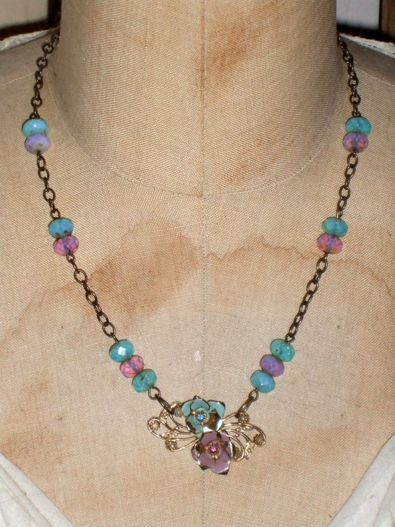 Mixed Media Beaded Assemblage Floral Necklace by amywren on Etsy