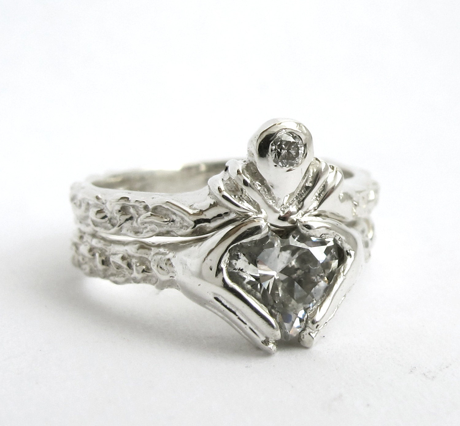 Claddagh Ring Wedding Set White Gold and Diamond Blue Topaz