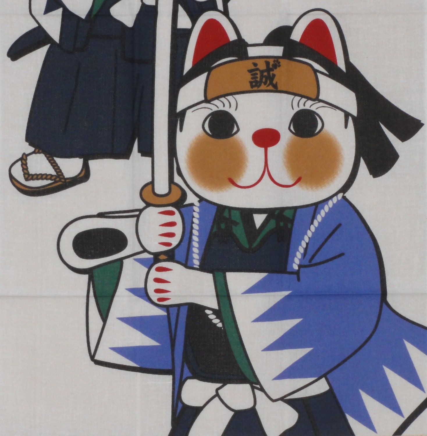 Kawaii Fabric Maneki Neko Samurai  Motif  Japanese Tenugui 