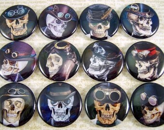 1" Inch Steampunk Skulls Flatback Buttons, Pins, Magnets 12 Ct.