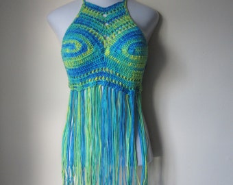 FESTIVAL HALTER TOP, Bohemian top, Hippie top, bohemian clothing, bohochic, greenery crochet Fringe top, festival clothing, gypsy clothing