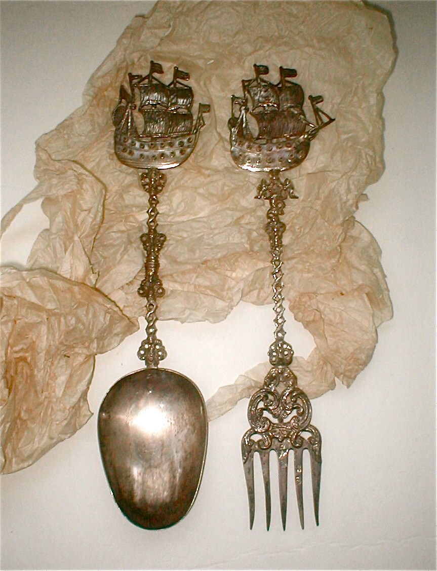Antique Dutch Silver Serving Spoon and Fork Netherlands