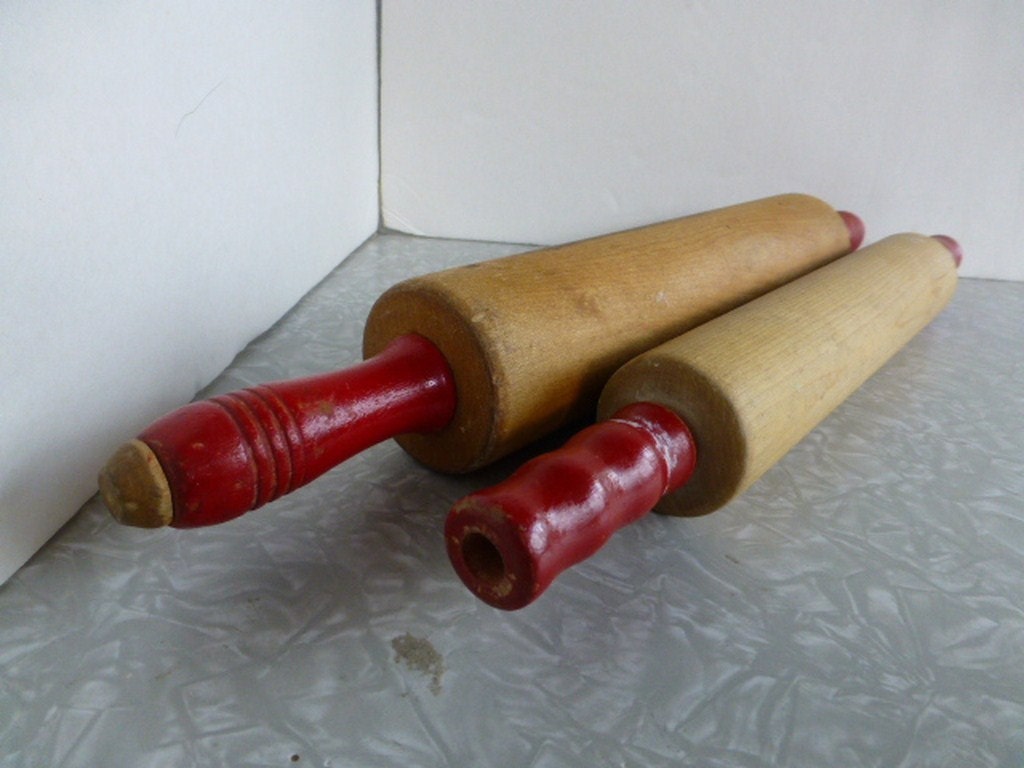 Vintage Rolling Pin Pair Red Wood Handles By Oldquincyschoolhouse