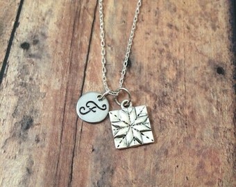 Quilt square initial necklace - quilter jewelry, gift for quilter, quilt square necklace, quilting necklace, silver quilt square necklace