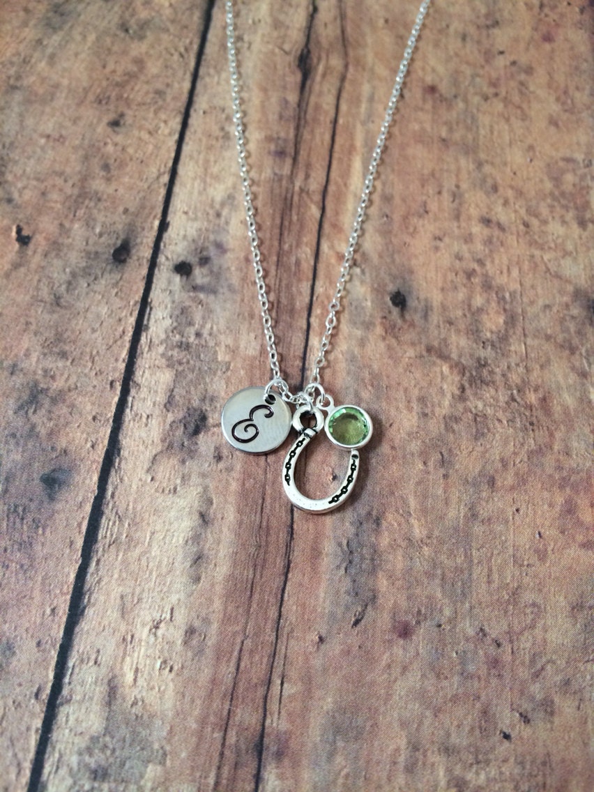 Horseshoe initial necklace with birthstone horseshoe