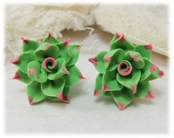 Pink Tip Succulent Earrings Stud or Clip On - Pink Tip Succulent Jewelry Collection