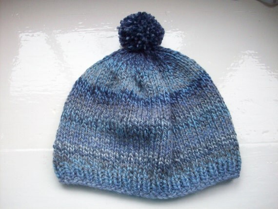 Pompom beanie, hand knitted, warm wool, variegated blue, man, woman