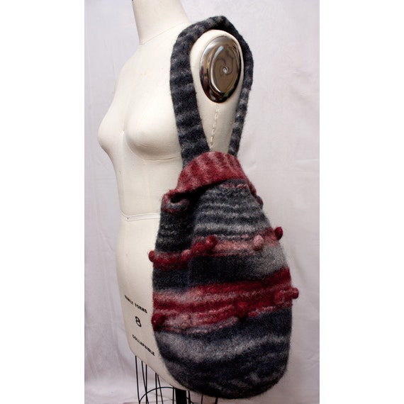 Felted Wool Bag Black and Red with Bobbles
