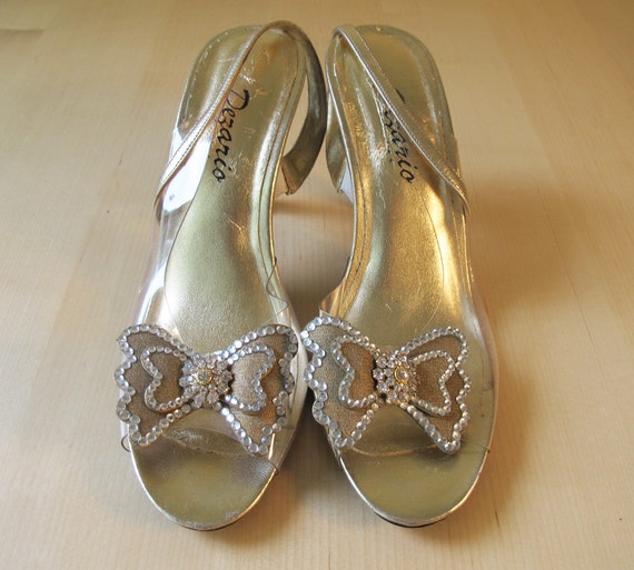 80s 90s Dezario Gold Butterfly Bow Rhinestone Clear Sling Back