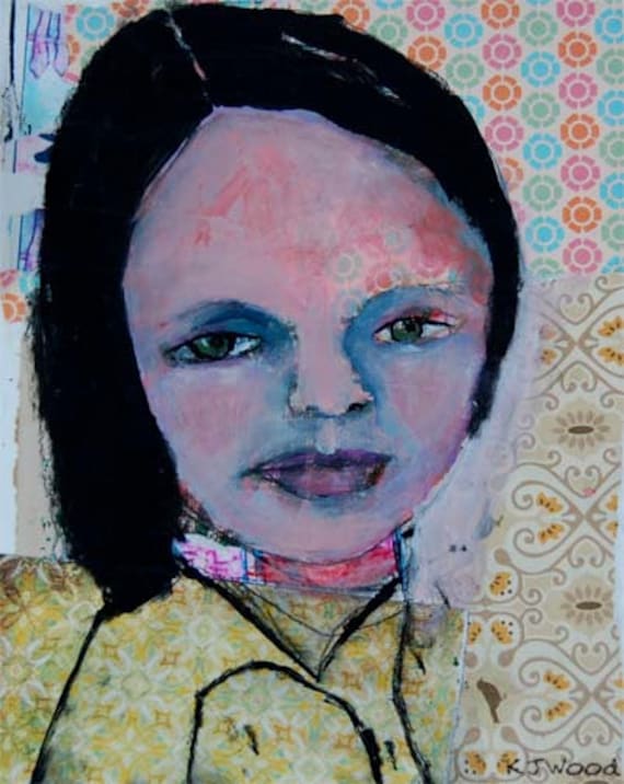 Acrylic Portrait Painting Collage 8x10 Canvas Panel, Kourtney, Original, Mixed Media, Girl, Yellow, Pink, Orange, Blue